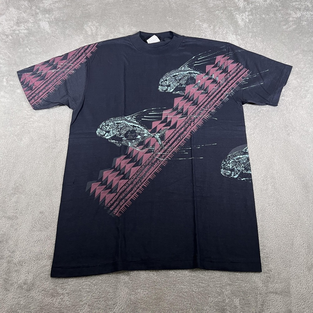 Vintage Gyotaku Tee Mens‎ Large Black AOP Fish Moi Dreams Made in USA Hawaii 80s